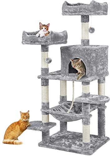 Yaheetech Arbre à Chat Géant Grattoir Griffoir Tour Activités Hauteur 150 cm Base Plus Large/Niche Spacieuse/2 Perchoirs/Grand Hamac Girs Clair