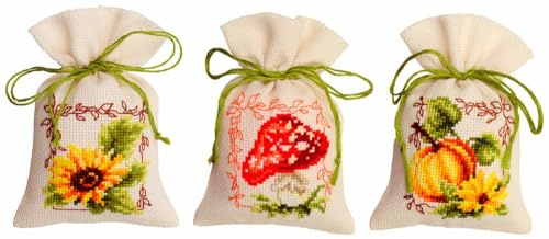 Vervaco PN-0021743 Autumn Set of 3 Herbal Bags Counted Pattern Cotton, Multi-Colour, Approx. 8 x 12 cm / 3.2 x 4.8