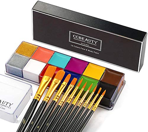 CCbeauty Paleta profesional de pintura cremosa a base de aceite, 12 colores, no tóxica, para disfraz de Halloween, cosplay, maquillaje SFX con 10 pinceles de arte negros, profundo