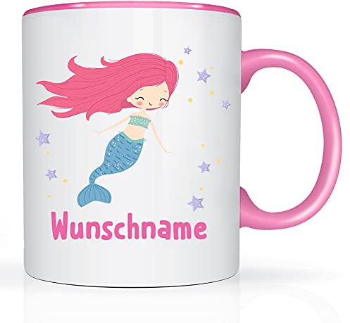 Print-Klex Tasse mit Namen und Meerjungfrau Motiv Bedruckt Namentasse Namensbecher Meerjungfraumotiv mit grüner Flosse für Mädchen Kindertasse Weiß/Rosa Unicorn Spruchtasse Keramik mit Druck 330ml