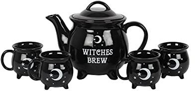 Horror-Shop 5-TLG. Gothic Teeservice mit Hexenkessel für Halloween & Walpurgisnacht Fans