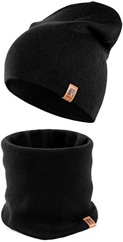HEYO Mütze und Schal Set für Damen | Slouch Beanie mit Schlauchschal Warme Winter Mütze Schal HZ0005 (Schwarz)