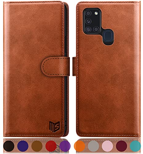 SUANPOT [RFID Schutz für Samsung Galaxy A21S 5G Hülle PU Leder Handyhülle Lederhülle Klapphülle Kartenfach Flip Cover für Samsung A21S Handy hülle Leather Wallet Phone Case Hellbraun