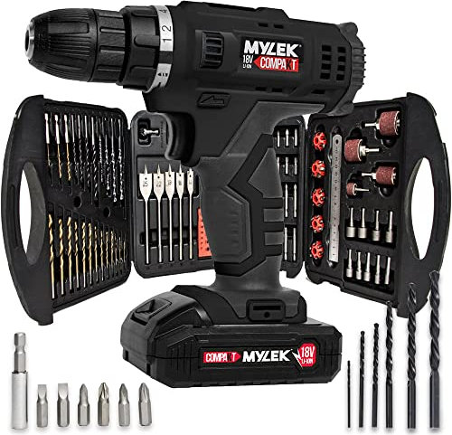 MYLEK 18V Cordless Drill Electric Driver Set, Lithium Ion Battery, 18 Volt Combi Screwdriver Pack, Black, 131 DIY Piece Accessory Kit and Carry Case