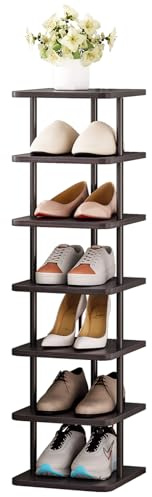 SORCEDAS Schuhregal, vertikal, schmal, 7 Etagen, Eckschuh-Organizer für Schrank, Eingang, Garage (schwarz + rustikales Dunkelbraun)