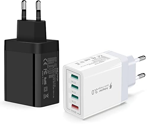 2er-Pack 4-Port USB-Schnellladestecker, Multi-USB-Steckeradapter 33W Quick Charge 3.0 Wandladegerät Netzstecker zum Aufladen für iPhone 12 11 Pro Xs X 8 7 6 SE, Samsung S10 S9 S8 S7, iPad, Huawei