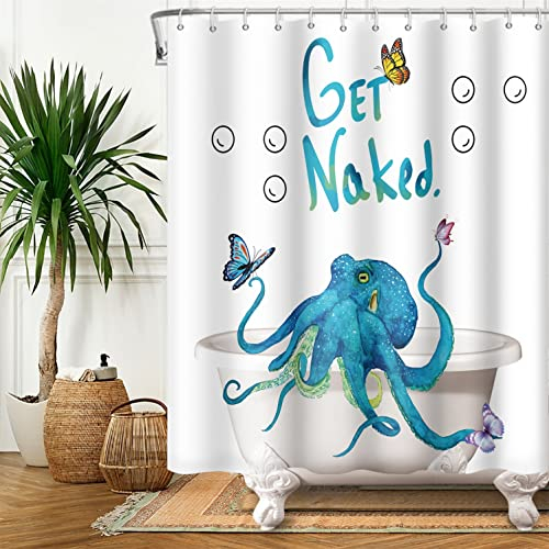 SDOTPMT 175x190cm Holen Sie Sich nackten Duschvorhang Netter Cartoon Octopus in der Badewanne Schmetterling Bad Vorhang Ozean Kreatur Weiß Badewanne Vorhang für Kinder Badezimmer Dekor mit Haken