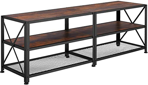 tectake® TV-Schrank, Lowboard für Fernseher bis zu 60/70 Zoll, 141/161 cm, Industrie-Design, Fernsehtisch mit offenen Fächern, Holz, schwarzes Metallgestell (Industrial Dunkelbraun, 141 cm)
