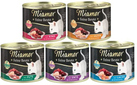 Miamor Feine Beute Mixpaket 20 x 185g | 5 garantierte Sorten | 65% Fleisch & Innereien | getreidefrei, ohne Soja & ohne künstliche Zusätze | Nassfutter für Katzen
