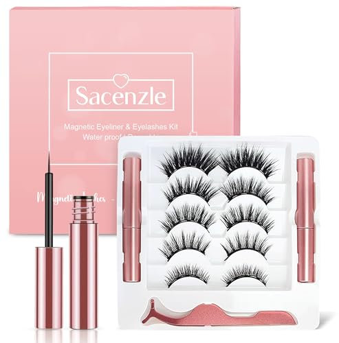 Magnetic Eyelashes, Pair of 5 Magnetic Eye Lashes 2 Tubes of Magnetic Eyeliner with Tweezer -Reusable magnetic eyelashes natural look Adhesive kit & Waterproof No Glue Needed