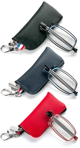 MMOWW 3er-pack Faltbare Lesebrille für Damen und Herren mit Teleskopstange mit Reißverschluss Schlüsselanhänger Mini Anti Blaulicht Brille +1.5