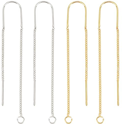 Beebeecraft 8 Stück 2 Farben Ohrfäden 18K Gold & 925 Sterling Silber Plattiert Schnur Ohrring Einfädler 60 mm Lange Kette Mit Gewinde Zum Durchziehen Mit 925 Sterling Silber Stiften Und Schlaufe