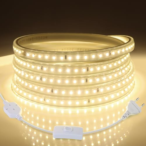 CHNMALITAI 220V 230V LED Strip 5M, 3000K SMD2835 120LEDs/m, IP67 wasserdicht LED Streifen für Außen & Innen(5M, Warmweiß)
