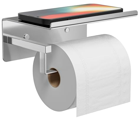 Chrome Toilet Roll Holder Wall-Mounted – Self Adhesive or Screw Mount, Stick-On Toilet Paper Holder with Shelf, Silver, Stainless Steel