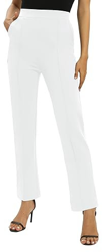 EXCHIC Femmes Bureaux Casual Jambes Droites élastique Travail Pantalons Taille Haute Pantalons avec Poches(L, Blanc)