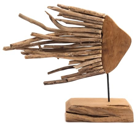 CREEDWOOD Fisch SKULPTUR Sea | Teakholz Äste auf Sockel, 55 cm | Teakholz Fisch, Wurzel Fisch Figur, Maritime Deko Skulptur, Holzfisch, Holz Figur, Deko-Objekt Fisch
