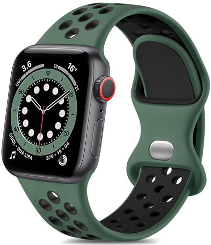 Epova Sport Cinturino in Silicone Compatibile con Apple Watch 44mm 42mm 45mm 46mm 49mm, Traspirante Cinturini di Ricambio per iWatch SE Series 10 9 8 7 6 5 4 3 2 1,Pino Verde/Nero, Piccolo