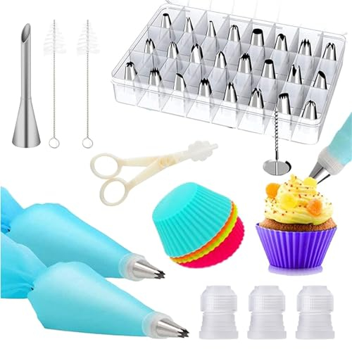 TAKUZA Spritzbeutel mit Tüllen 39 Stück, Spritztüllen Set aus Edelstahl, 2 Silikon Spritzbeutel Wiederverwendbar, Tüllen Set mit 5 Stück Muffinförmchen Silikon für Kuchen Cupcakes Cookies Decoration