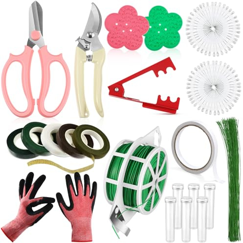 WILLBOND Kit d'outils de 121 pièces pour arrangement floral, élagueur, sécateur, gants de calibre 22/26, pagaie, tige de corsage et sécateur, kit cadeau pour femme (couleur vive)