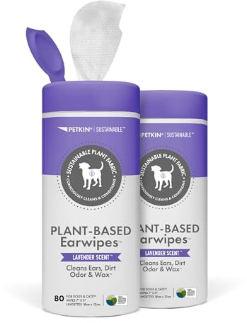 Petkin Plant-Based EarWipes, 80 Wipes, 2 Pack - Biobased & Sustainable Pet Ear Wipes for Dogs & Cats - Cleans Ear Area, Dirt, Odor & Wax - Consciously Cleans & Conditions - Easy to Use - Lavender