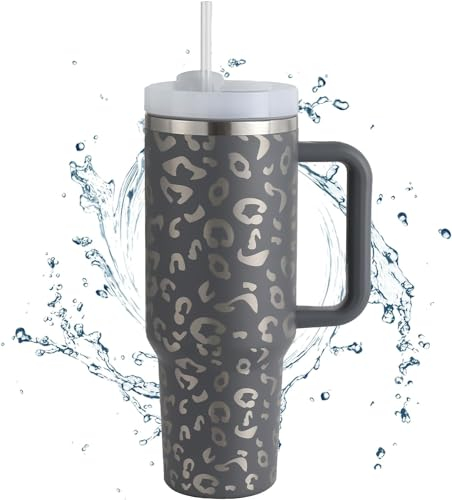 Tumbler with Straw and Lid and Handle, 40oz Coffee Cup Travel Mug, Stainless Steel Vacuum Insulated Travel Mug, Car Coffee Mug, Water Bottle Thermos for Hot Iced Drink (Leopard Dark Gray)