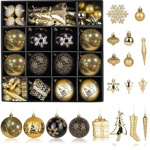 Paquete de 62 Bolas de Navidad de plástico, Grande: 7,5 cm, Bolas de Navidad Negras, Doradas, irrompibles - Adornos para árboles de Navidad, Adornos navideños Reutilizables para Interior y Exterior