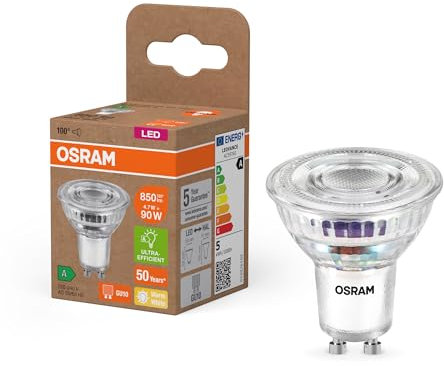 OSRAM Energy Class LED-Reflektor-Lampe PAR16 mit 4.7 W, 850 lm, warmweiß (2700 K) aus klarem bleifreiem Glas mit GU10 Sockel in der Energieeffizienzklasse A, 50 mm Durchmesser, IP20.
