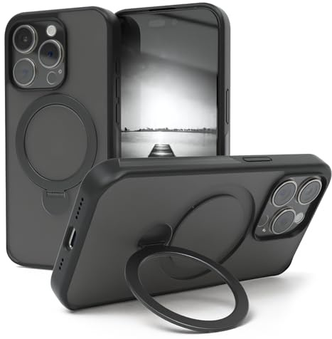 EAZY CASE - MagSafe Handyhülle für iPhone 15 Pro kompatibel mit MagSafe Hülle mit Ständer kompatibel mit iPhone 15 Pro Hülle mit 360° Ring & Magnetfunktion zum Aufstellen stoßfest Cover in Schwarz