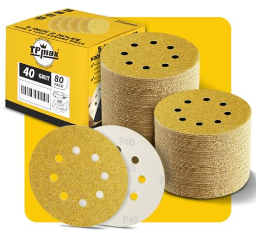 80PCS 125mm 8 Hole Sanding Discs Sandpaper, 40 Grit, Premium Gold Round Hook and Loop for Random Orbital Sander - Ideal for Wood, Metal, Automotive