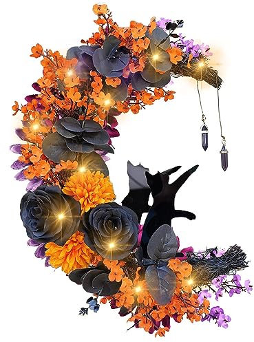 FOUDAY Halloween Wreaths for Front Door, Halloween Moon Wreath with Black Cat Wood Wreath Halloween Wreath Horror Decorations for Home Party Window Wall Indoor Outdoor (C with Light)