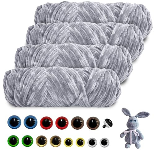 400g(4×100g)Chenille Wolle zum Häkeln,Flauschige Wolle mit Sicherheitsaugen | Velvet Chenillegarn,Super Flauschige Dicke Wolles zum Stricken,Weiche Samtig Babywolle zum Weich für Schals,Pullover(Grey)