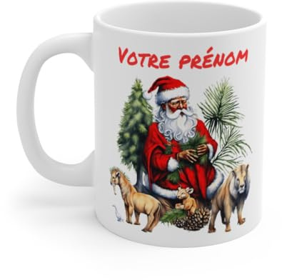 Mug de Noël Personnalisé - Père Noël et Amis de la Forêt en Céramique - Prénom au Choix