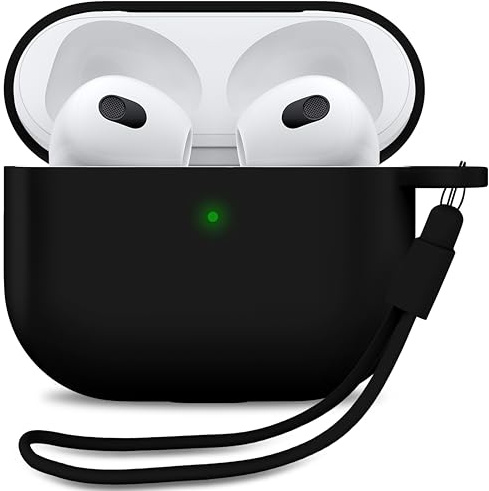 MyGadget Silikon Hülle für Airpods 3. Generation - [ Qi kompatibel ] mit Silikon Armband - Schutzhülle Etui Soft Silikonhülle Case Tasche in Schwarz