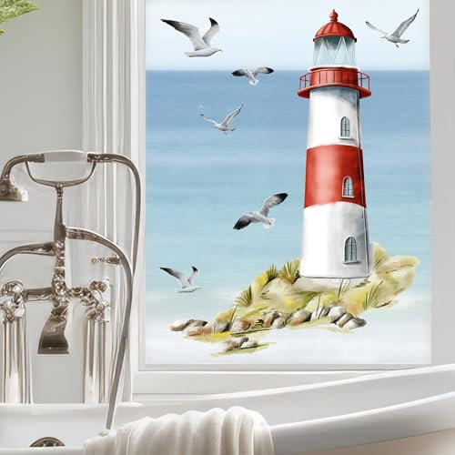 Wandtattoo Loft Fensterbild mit rotem Leuchtturm wiederverwendbar A1 Bogen, Fensteraufkleber Leuchtfeuer maritim rot Ostsee Nordsee Meer Urlaub Fensterdeko Küche Fenstersticker Möwen Warnemünde