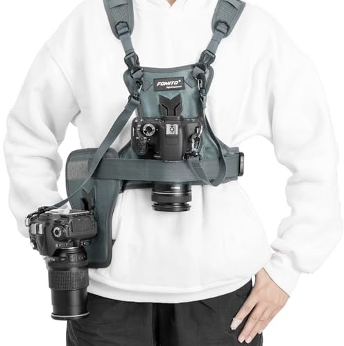 FOMITO Système de harnais de poitrine pour appareil photo, gilet de transport multi-caméras avec étui latéral, gris, compatible avec Canon, Nikon, Sony, Panasonic, Olympus, DSLR, gris, taille unique