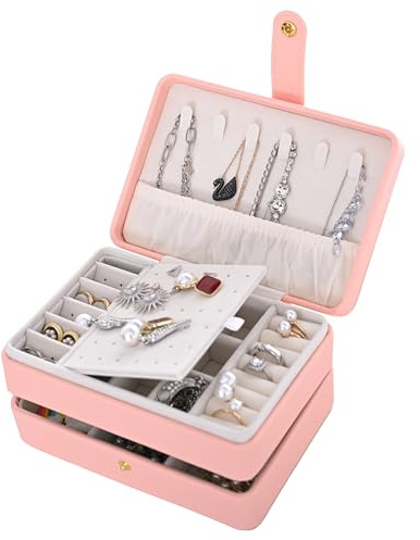 Jewelry Box,3 Layer Leather Jewellry Storage Boxes,Small Travel Portable Jewelry Organiser Box for Women and Men,Removable Flocking Compartment,Gift for Girl Necklace Ring Earrings Bracelet (Pink)
