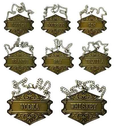 Vintage-Style Brass Liquor Decanter Tags, Set of 8, Chain-Mounted Labels for Scotch, Bourbon, Gin, Brandy, Rum, Tequila, Vodka, Whiskey