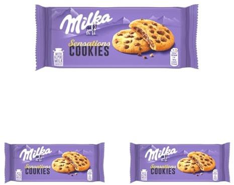 Milka, Cookie Sensations, Biscotto Croccante con Goloso Ripieno Milka e Pepite di Cioccolato al Latte, con Latte Alpino, Cacao Sostenibile, 156g (Confezione da 3)