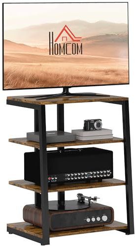 HOMCOM HiFi Stand, 4-Tier Media Storage Shelf with Adjustable Shelves, Power Strip Rack for Router, Record Player, Printer, Industrial TV Stand for up to 28 Inch TVs, Rustic Brown