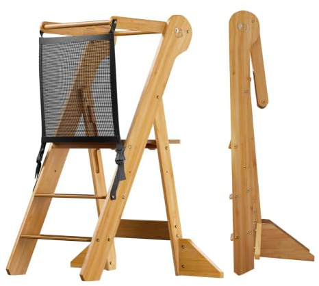 COSYLAND Lernturm für Kinder, Klappbar mit Kippschutz und Sicherheitsnetz | Aus Bambus, 2-fach höhenverstellbar, bis 55 kg, 90 % vormontiert – für Küche, Bad und kreative Alltagsmomente