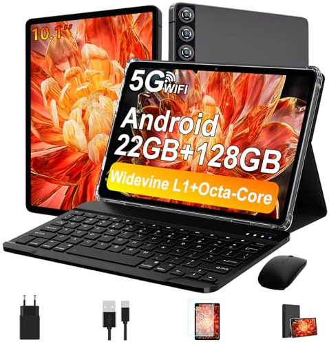ZIOVO Tablet 10 Pollici Tablet Android 14, 22GB RAM+128GB ROM (TF 1TB), 5G WiFi/Widevine L1/Octa-Core/8000mAh/Corpo Metallico/8+5MP/BT 5.0/Supporto Netflix, 2 in 1 Tablet con Tastiera e Mouse - Grigio
