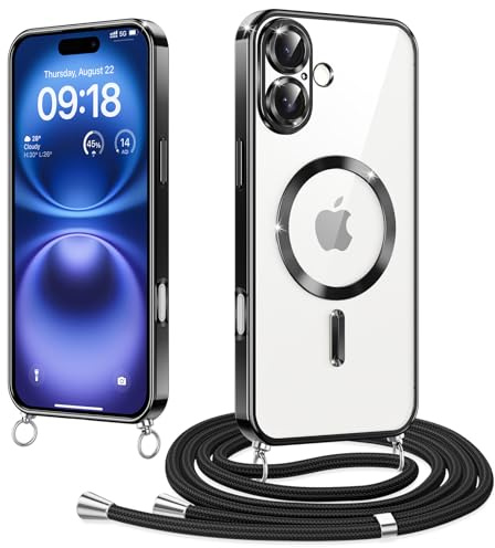 Micnkifo Magnetische Handyband mit Band für iPhone 16 Hülle, [Kompatibel mit Magsafe] Handyhülle Case mit justierbarer Schnur Abnehmbar Strap, Crossbody Schutzhülle zum Umhängen für iPhone 16, Schwarz