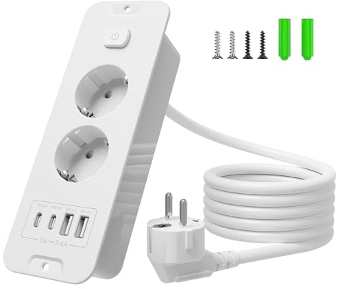 Inhwatek Enchufe empotrable con USB (PD 20 W), regleta de 2 enchufes, 6 en 1, enchufe de mesa retráctil, enchufe múltiple con cable de 2 m para cocina, oficina, encimera, 16 A/3680 W