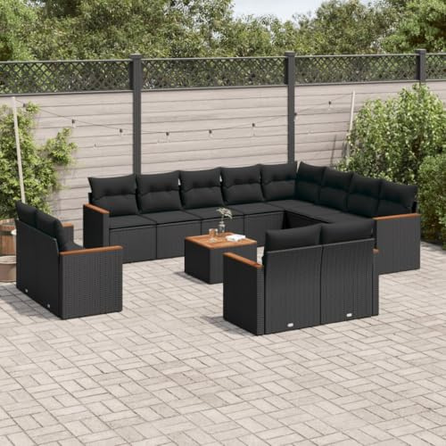 Ziaphsol 13-TLG. Garten-Sofagarnitur Schwarz aus Poly Rattan, mit Kissen, Stauraum & Akazienholz-Tisch, UV-beständig, für Terrasse, Balkon, Outdoor-Möbel Set