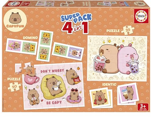 Educa - Superpack Capyfun 4 in 1 Fuer Kinder | Zwei Puzzles Plus Memo-Spiel und Domino mit Capybaras in Einer Box inklusive | Ab 3 Jahren (20481)