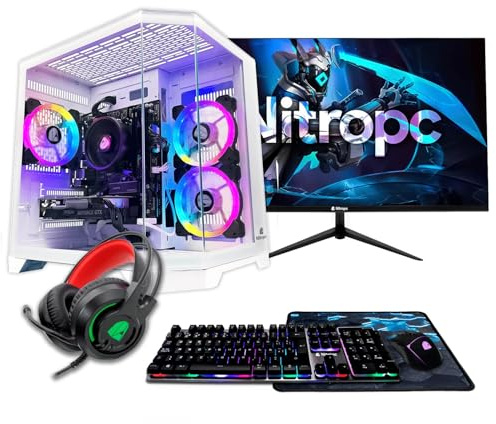 NitroPC - Pack Avanzado | PC Gaming Completo (AMD Ryzen 7 5700X, RTX 5060 8GB, RAM 32GB, M.2 1TB, Windows 11 Pro | WiFi, Monitor 24, Teclado, ratón, Auriculares) PC sobremesa (Blanco)