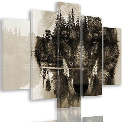 Feeby Frames, Tableau Multi Panneau 5 Parties, Tableau imprimé XXL, Tableau imprimé sur Toile, Tableau Deco, Pentaptyque Type A, 100x150 cm, Animaux, Loup, Nature, FORÊT, Arbres, Yeux, Gris