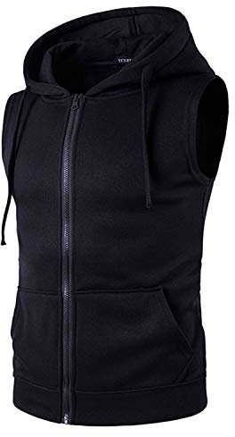 YCUEUST Mens Sleeveless Hoodie Zip Up Sweatshirt Tank Top Hooded Black Large