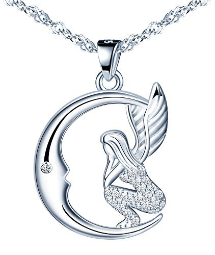 MicLee Damen Engel Halskette 925 Sterling Silber Zirkonia Mond Engel Anhänger Ketten mit Geschenkbeutel