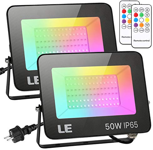 Lepro 50W LED Strahler RGB mit RF-Fernbedienung, 2er Wasserdicht LED Fluter mit Memory-Funktion, Dimmbar Farbwechsel Außenstrahler, IP65 Farbig Außenlampe, Bunt Flutlicht für Garten, Party Deko, Hotel